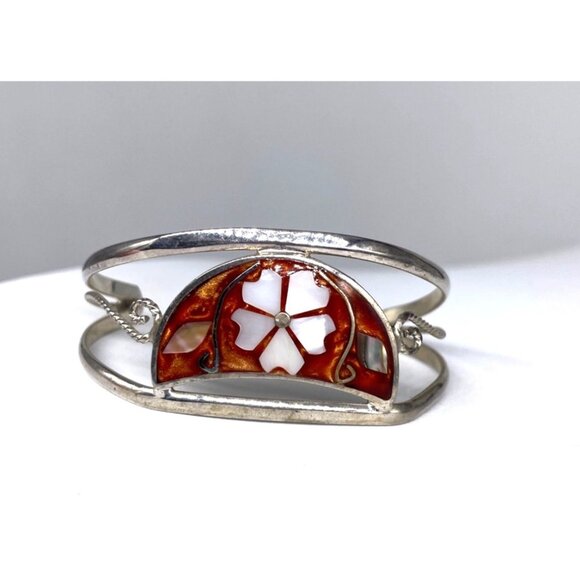 Vintage Alpaca Mexico Silver Tone Cuff Bracelet Mother Of Pearl Inlay Floral Des - Picture 2 of 8